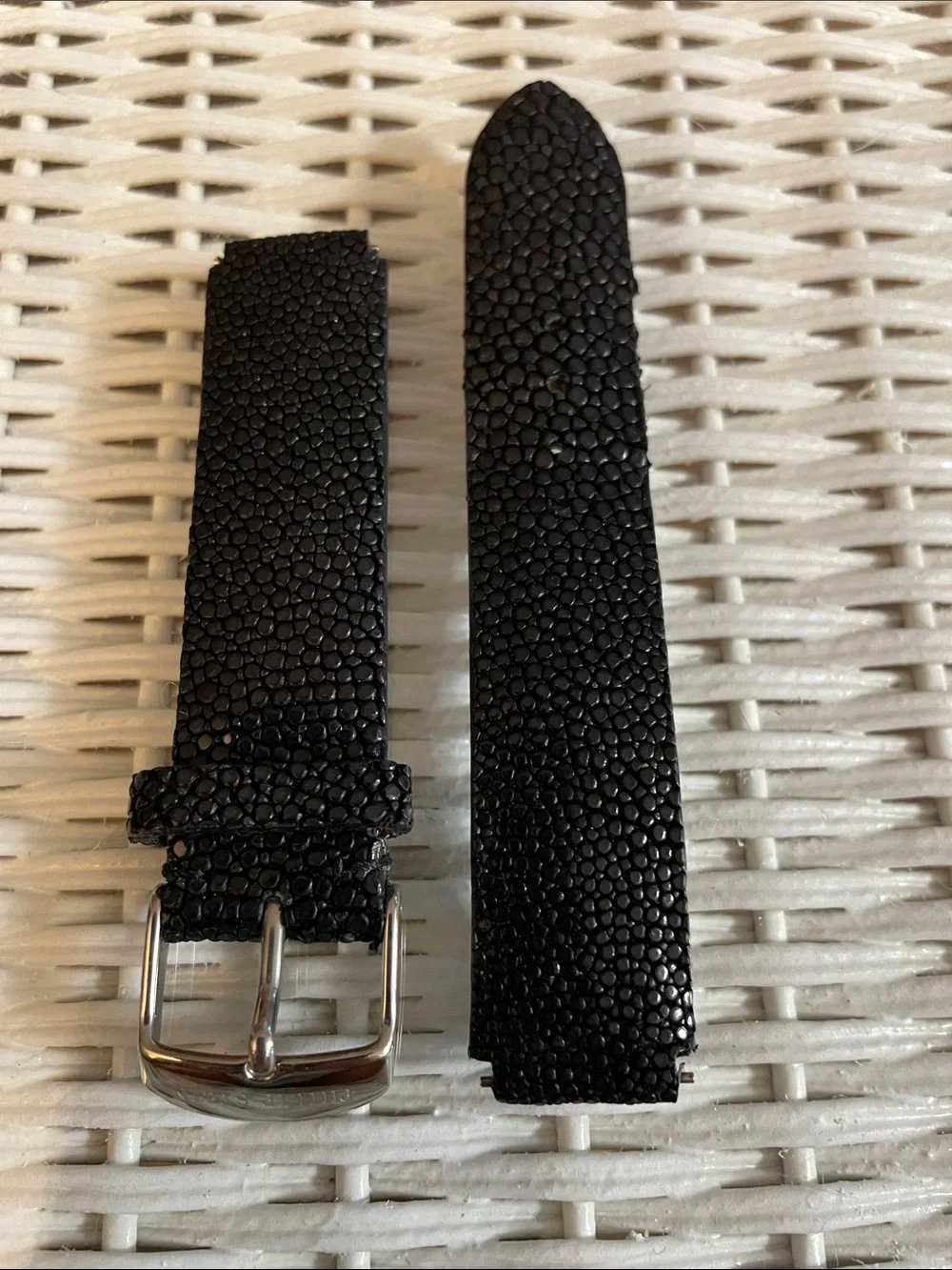 PHILIP STEIN MENS Black Textured Leather Watch Strap with Silver Buckle